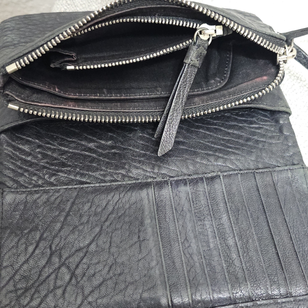 AllSaints Black Distressed Leather Tri Fold Wallet Zip Pocket - Picture 11 of 11
